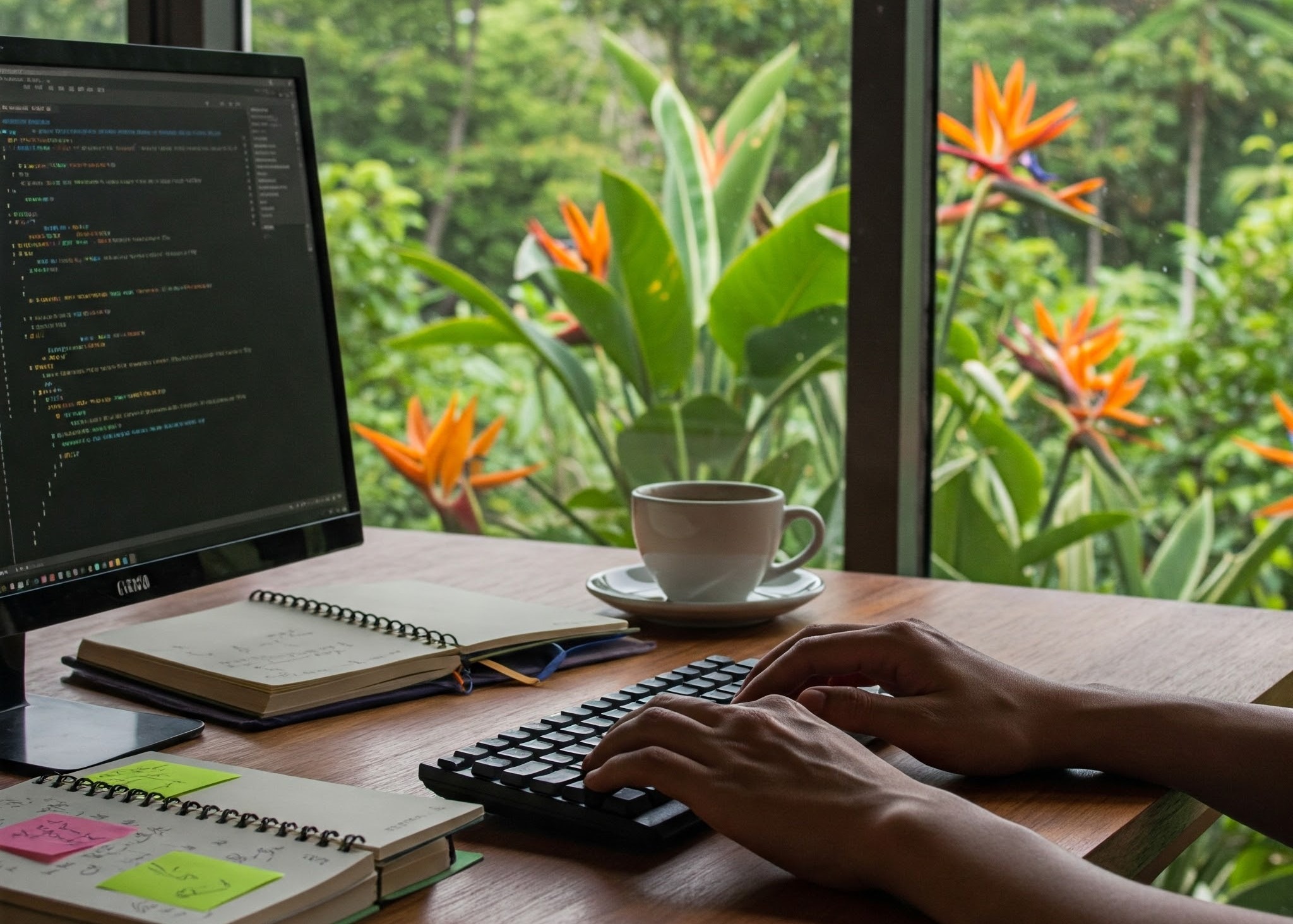Mãos de um programador digitando em um teclado em um ambiente inspirador com vista para a natureza