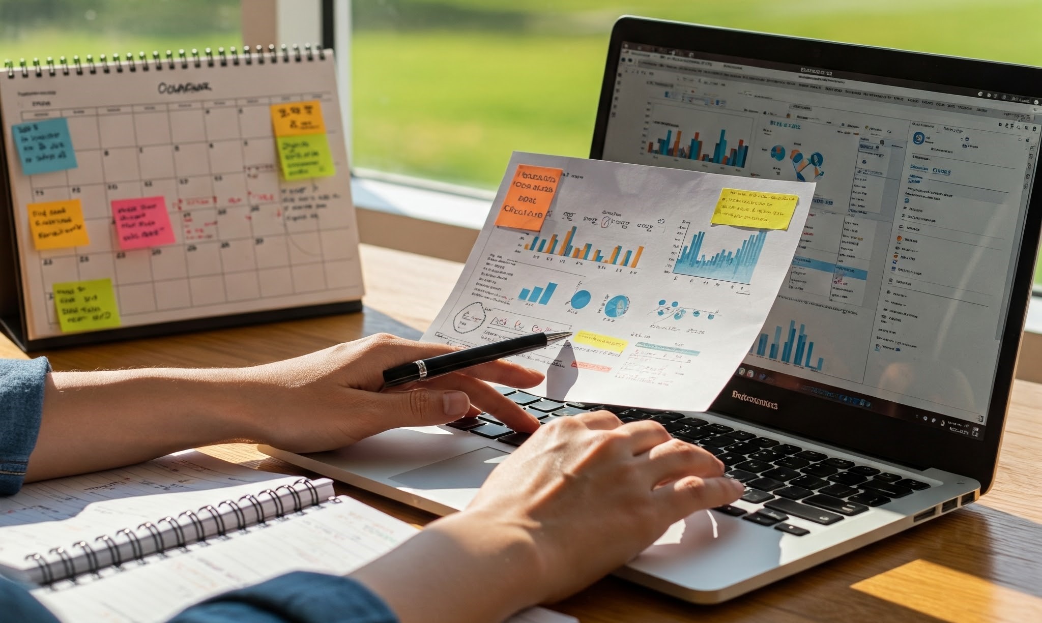 Mãos digitando em um laptop com anotações e um calendário ao lado para planejar a Vida como Nômade Digital