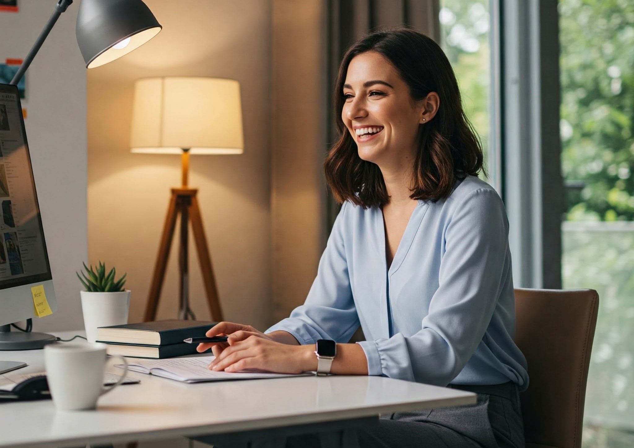 freelancer sorrindo durante uma videoconferência produtiva com um cliente ideal